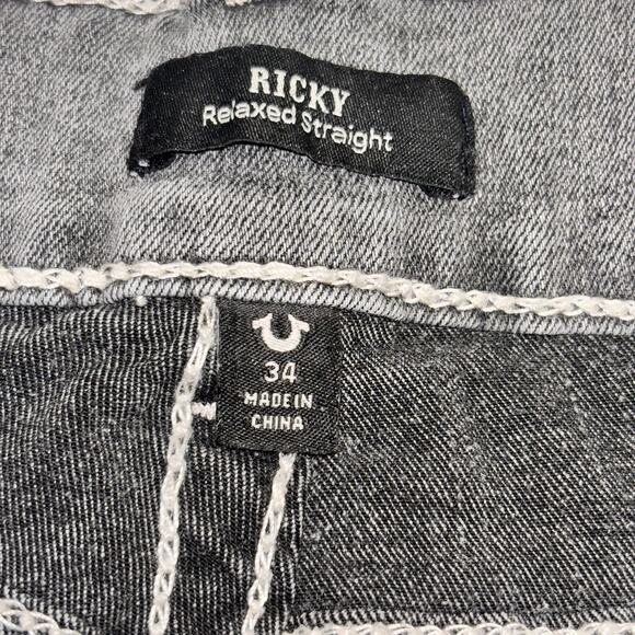 True Religion Jeans 34x32.5 Gray Ricky Flap Pocket Straight Leg Distressed READ - Picture 7 of 11